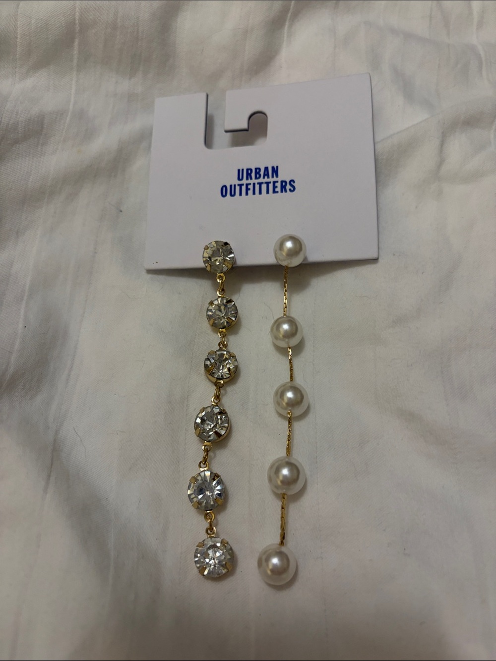 Urban Outfitters Gold Crystal & Pearl Asymmetrical Linear Drop Earrings